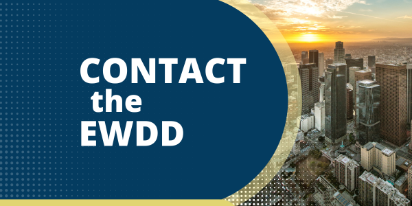 Contact the EWDD with a skyline view photo of downtown Los Angeles as the sun sets over the Pacific Ocean