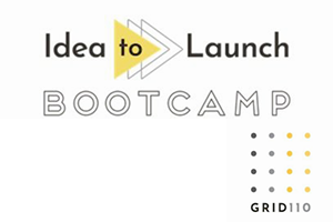 LA area Incubator Grid110's Idea to Launch Bootcamp and company dot-grid style logo in pale yellow and light grey