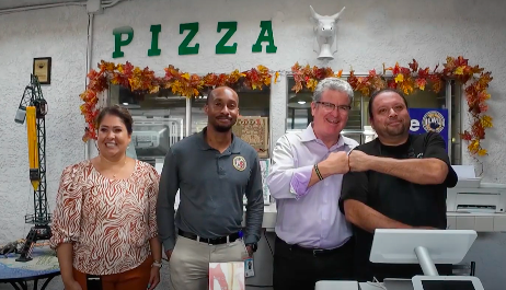 The JEDI Zone Team, with EWDD Executives and CD15 Councilman Tim McOsker, toured businesses in South LA; (pictured left to right) Rosa Penaloza- EWDD Assistant Chief Grants Administrator, Kwesi Hanciles- EWDD JEDI Zone Coordinator, CD15 Councilman Tim McOsker, and Alvaro Correa, owner of L.A. Waterfront Pizza in Wilmington