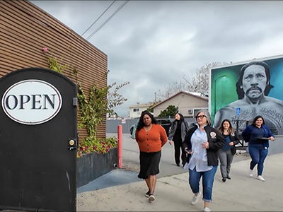 February 29, 2024 - EWDD's JEDI Zone team and City Council District 7's tours the Van Nuys area Jobs & Economic Development Incentive (JEDI) Zone; EWDD’s General Manager Carolyn Hull, left front, and CD7 Councilwoman Monica Rodriguez, right front